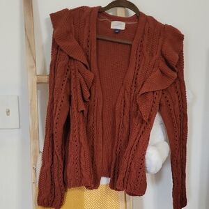 Brown Cardigan with Ruffled Details and Textured Knit